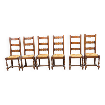 6 solid wood and straw chairs with high farmhouse-style backs