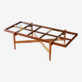 Table basse mid-century palissandre et plateau en verre