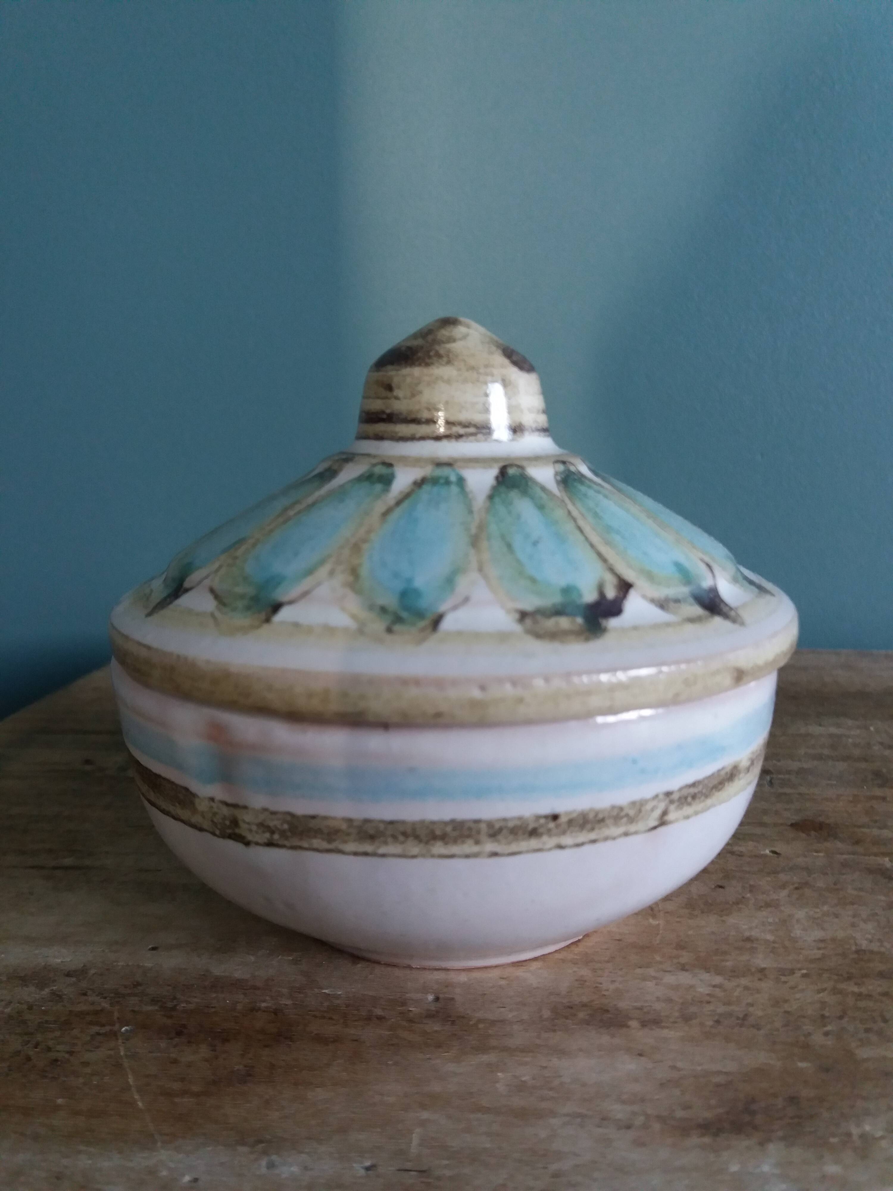 Covered pot, ceramic sugar bowl, signed