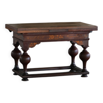 Extendable oak table with marquetry, Baroque, Danish cabinetmaker, 19th century.