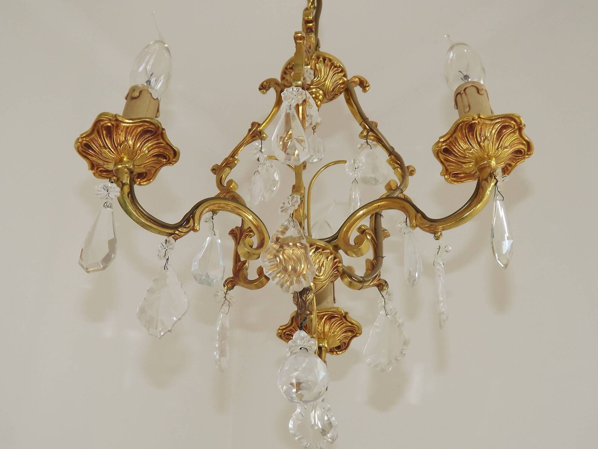 French Vintage Brass Mid Century 3 Light 3 Sided Crystal Cage Chandelier