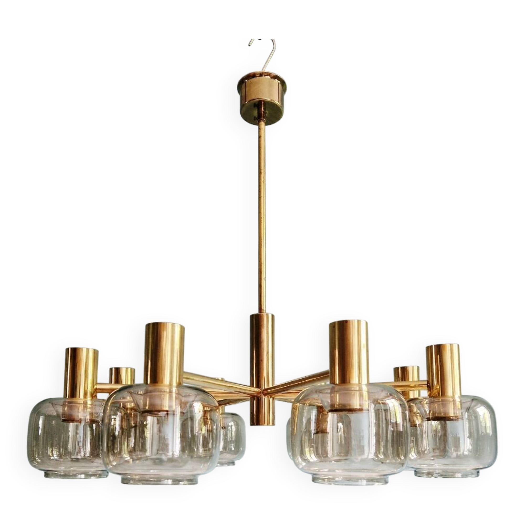 Large designer chandelier in brass and smoked glass globes, 1970s