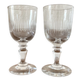 2 white wine stemmed glasses in ribbed glass from the 19th century