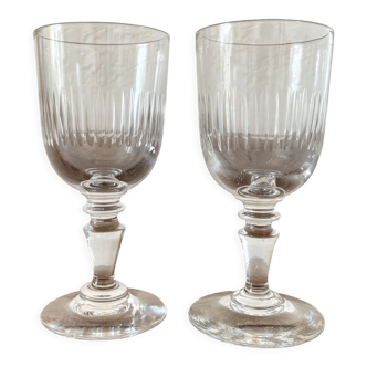2 verres à pied à vin blanc en verre strié du 19eme