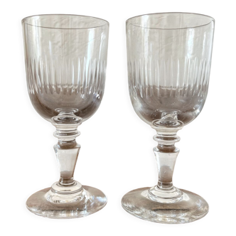 2 white wine stemmed glasses in ribbed glass from the 19th century