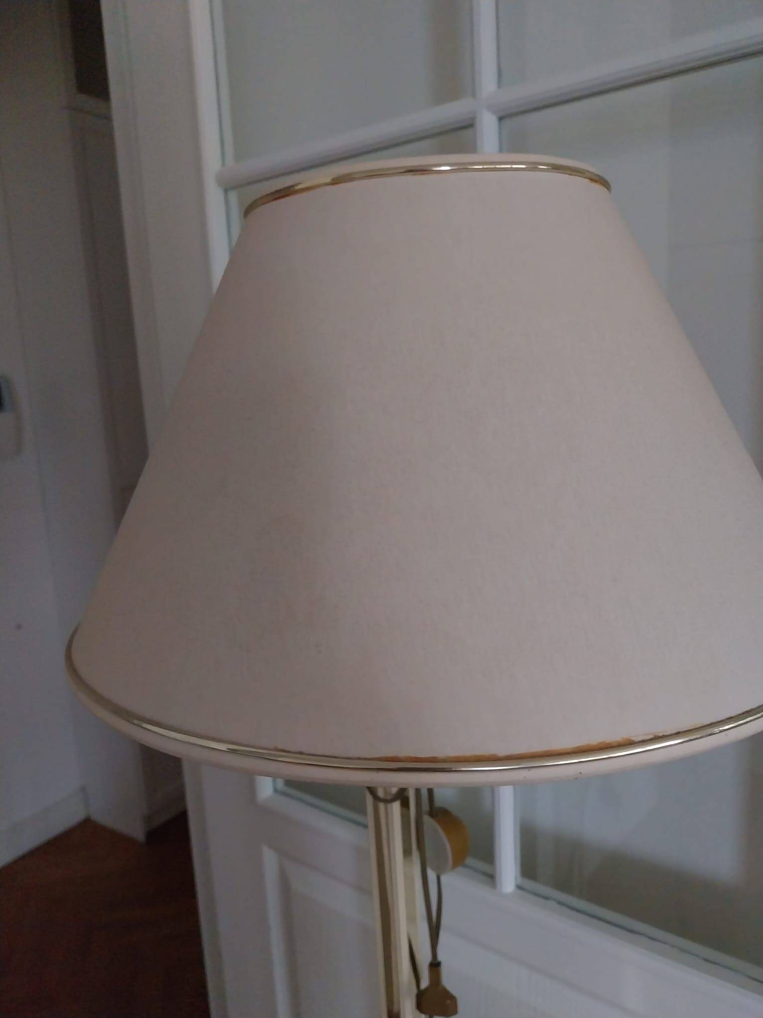Vintage floor lamp with beige fabric shade and gold legs