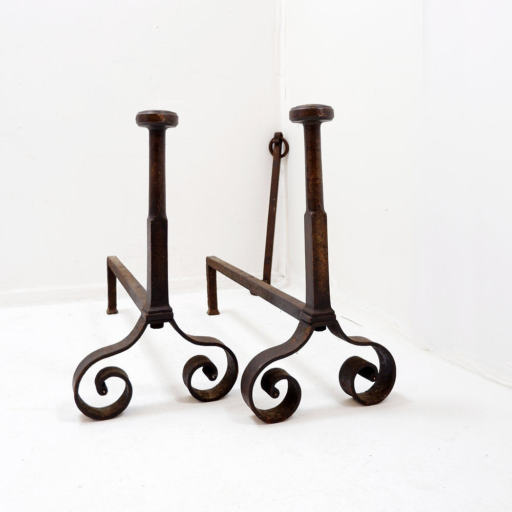 Pair of antique wrought iron fire dogs - 19th century