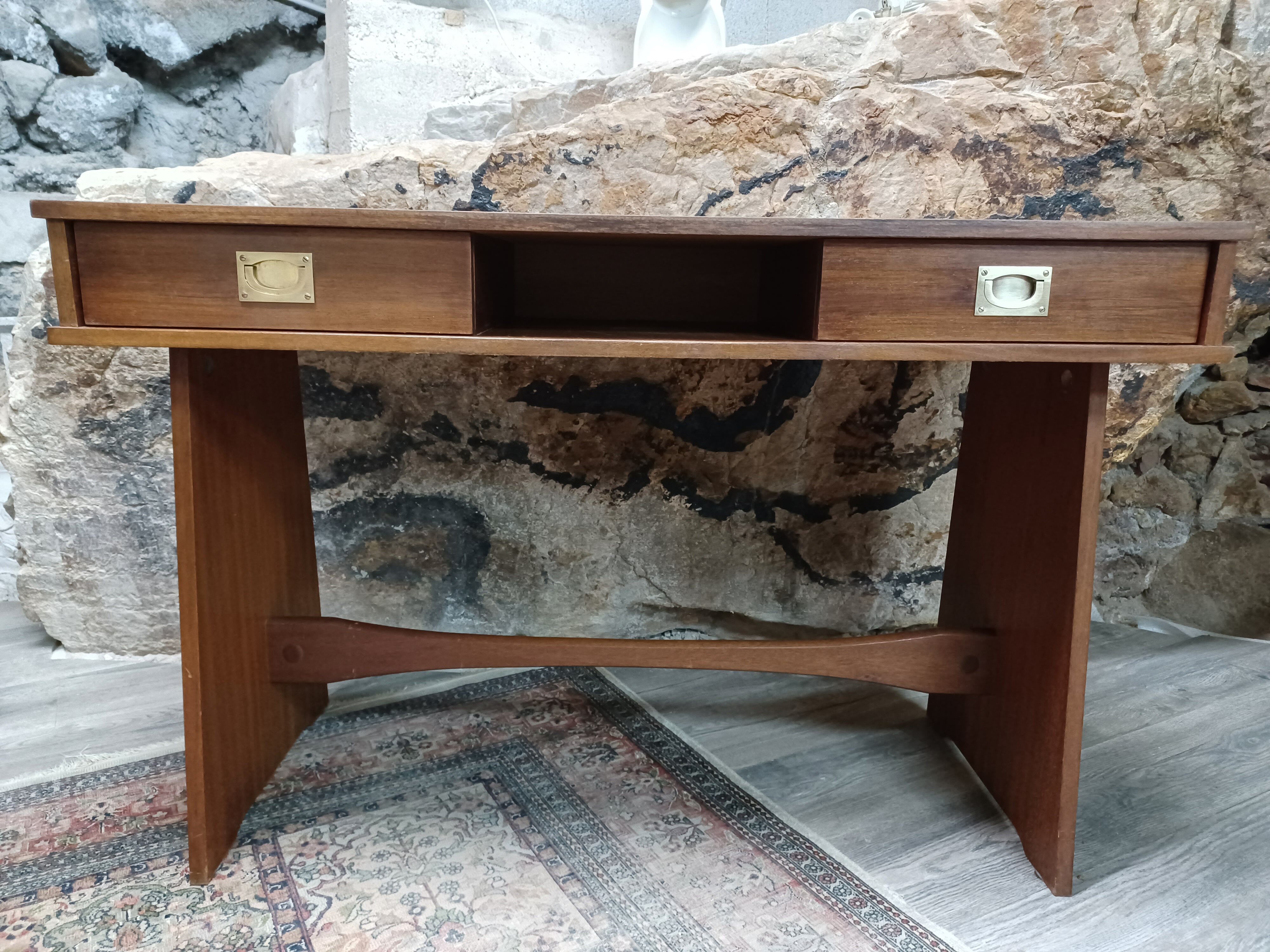 Retro design desk in veneer and brass 60s-70s