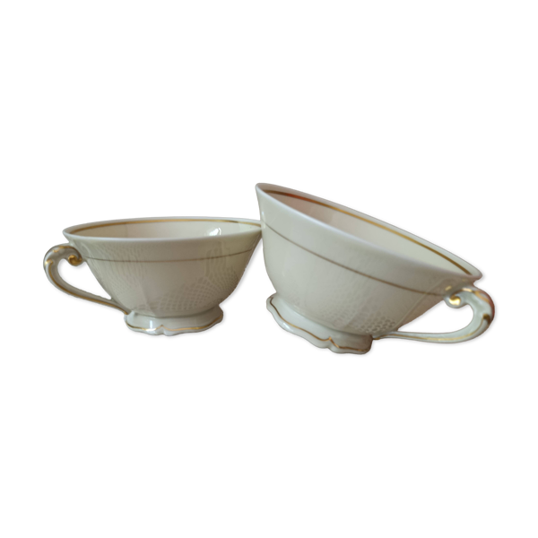 Duo tasses thé porcelaine rétro champêtre, Ancienne Manufacture Royale