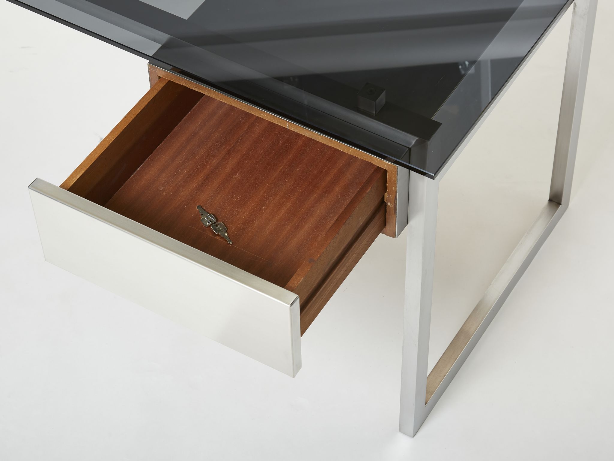Desk stainless steel brushed gray smoked glass by Patrice Maffei for Kappa 1970