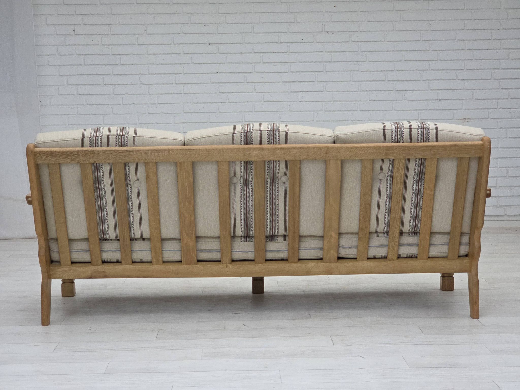 1970s, Danish 3-seater sofa, beige furniture wool, solid oak wood.