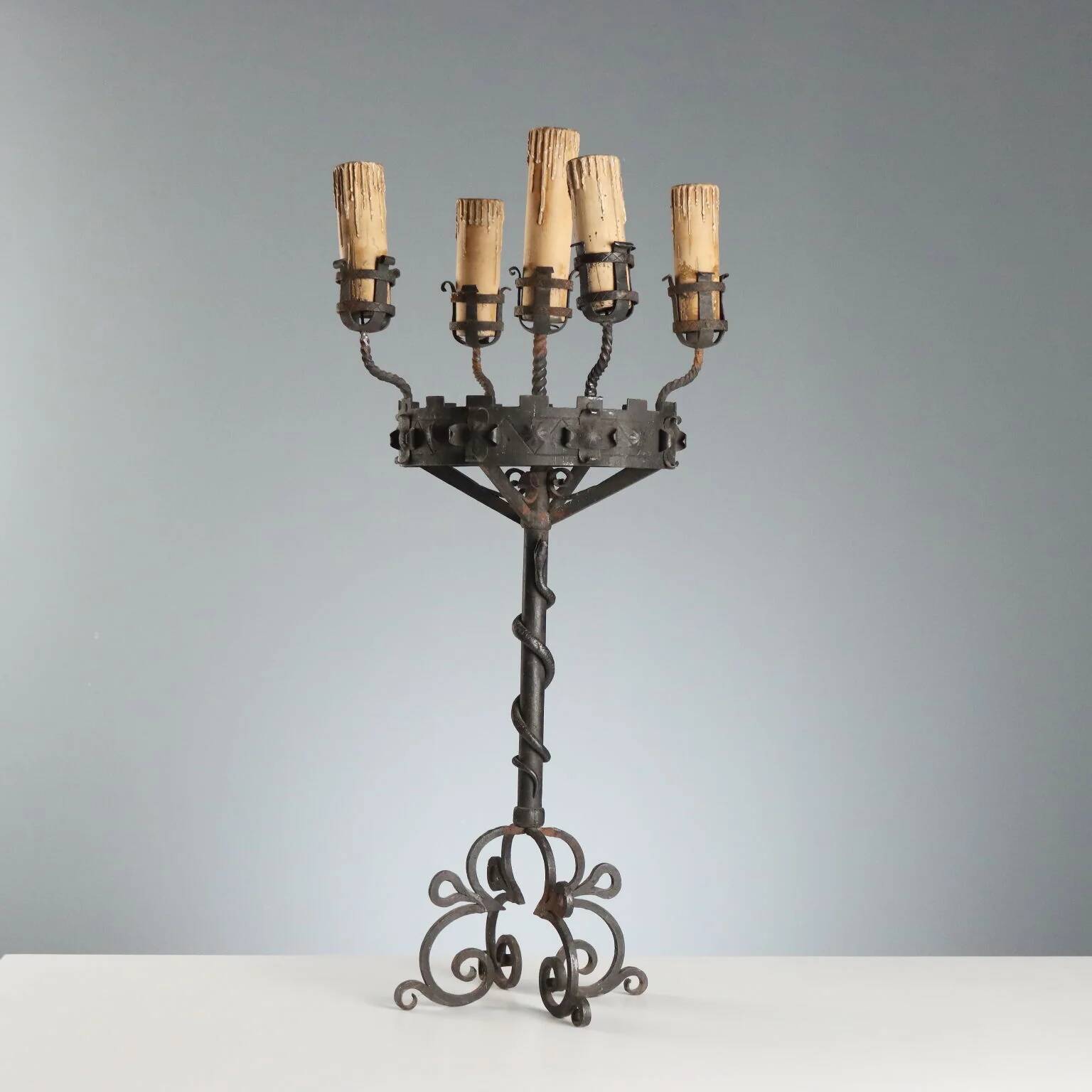 Wrought iron five-light torchère with twisted serpent - Italy late 19th century
