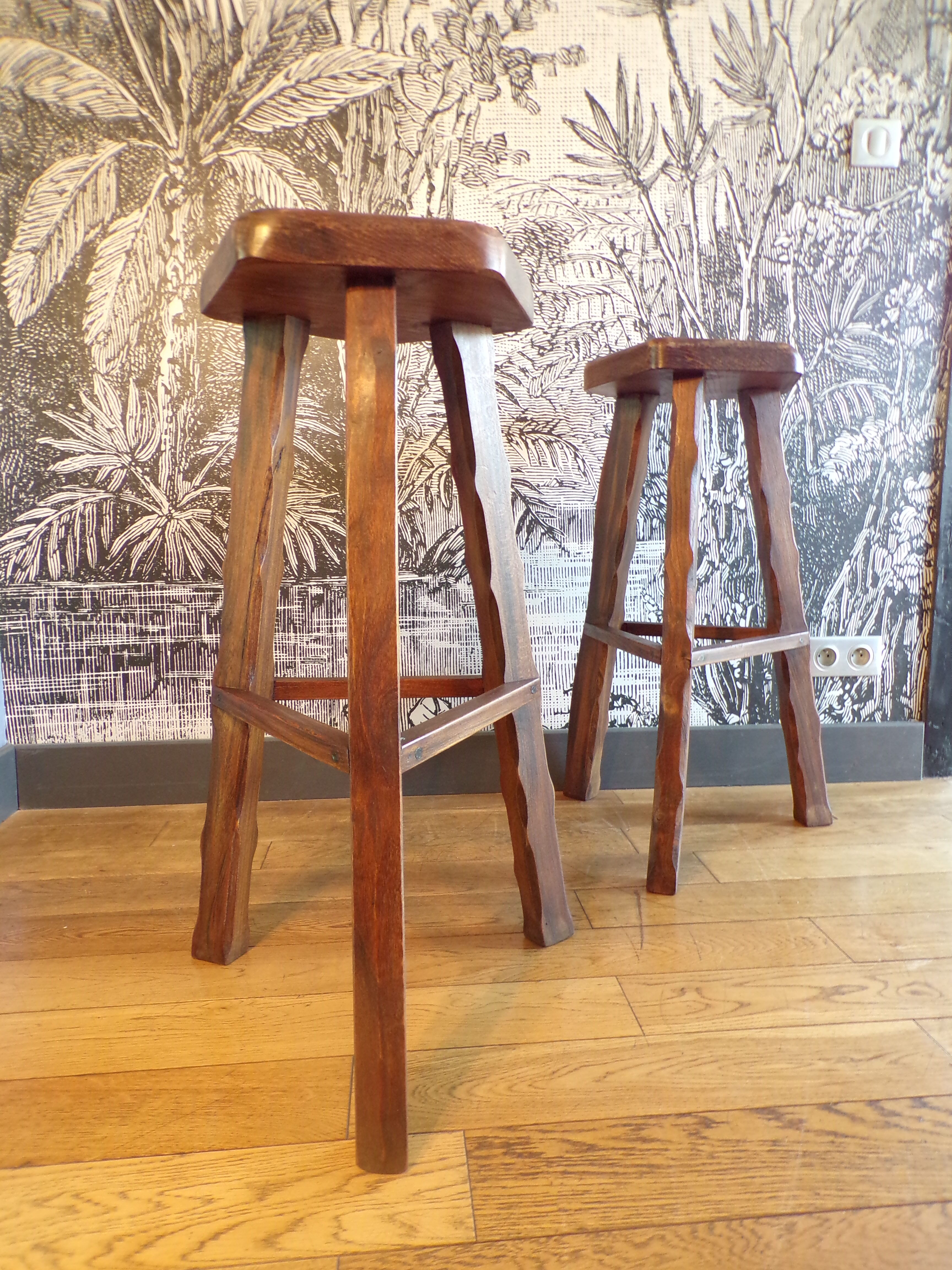 Pair of brutalist high stools in elm