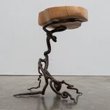 Brutalist artisanal wrought iron and slab wood side table