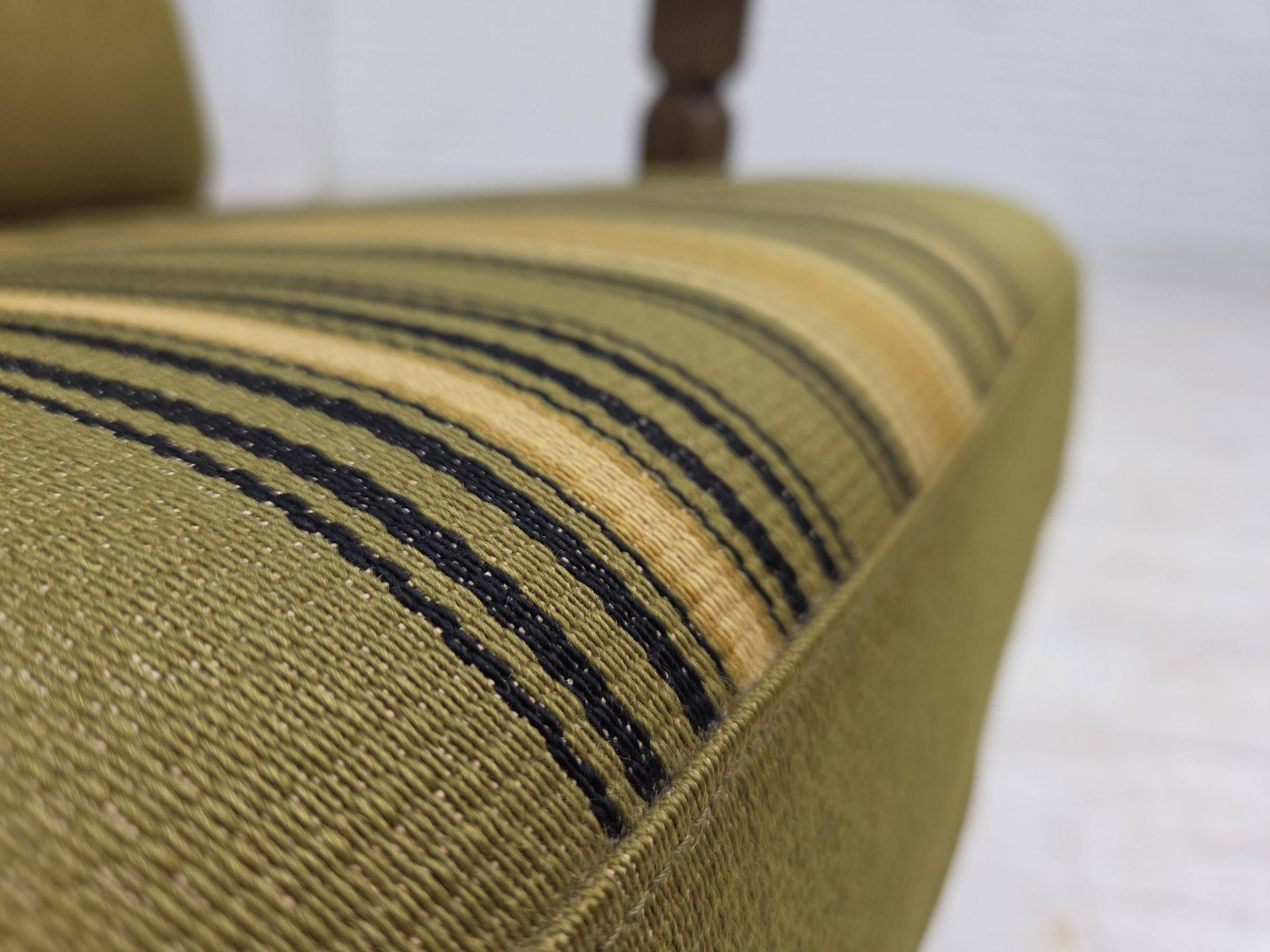 1970s, pair of Danish armchairs, original green furniture wool, oak wood.