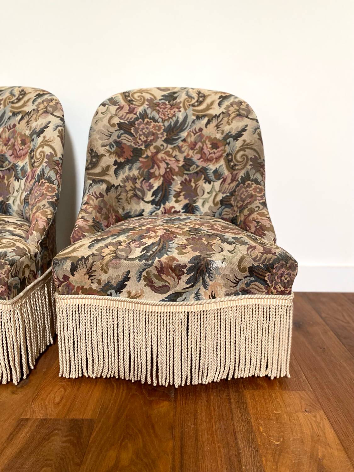 Pair of antique tapestry toad armchairs