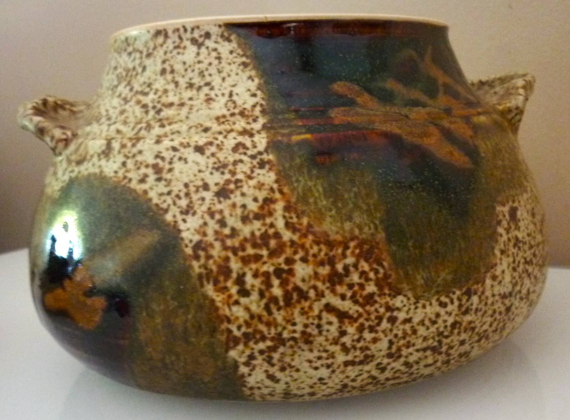 Vegetable dish, covered pot, glazed ceramic art, 1970s, signature to be identified