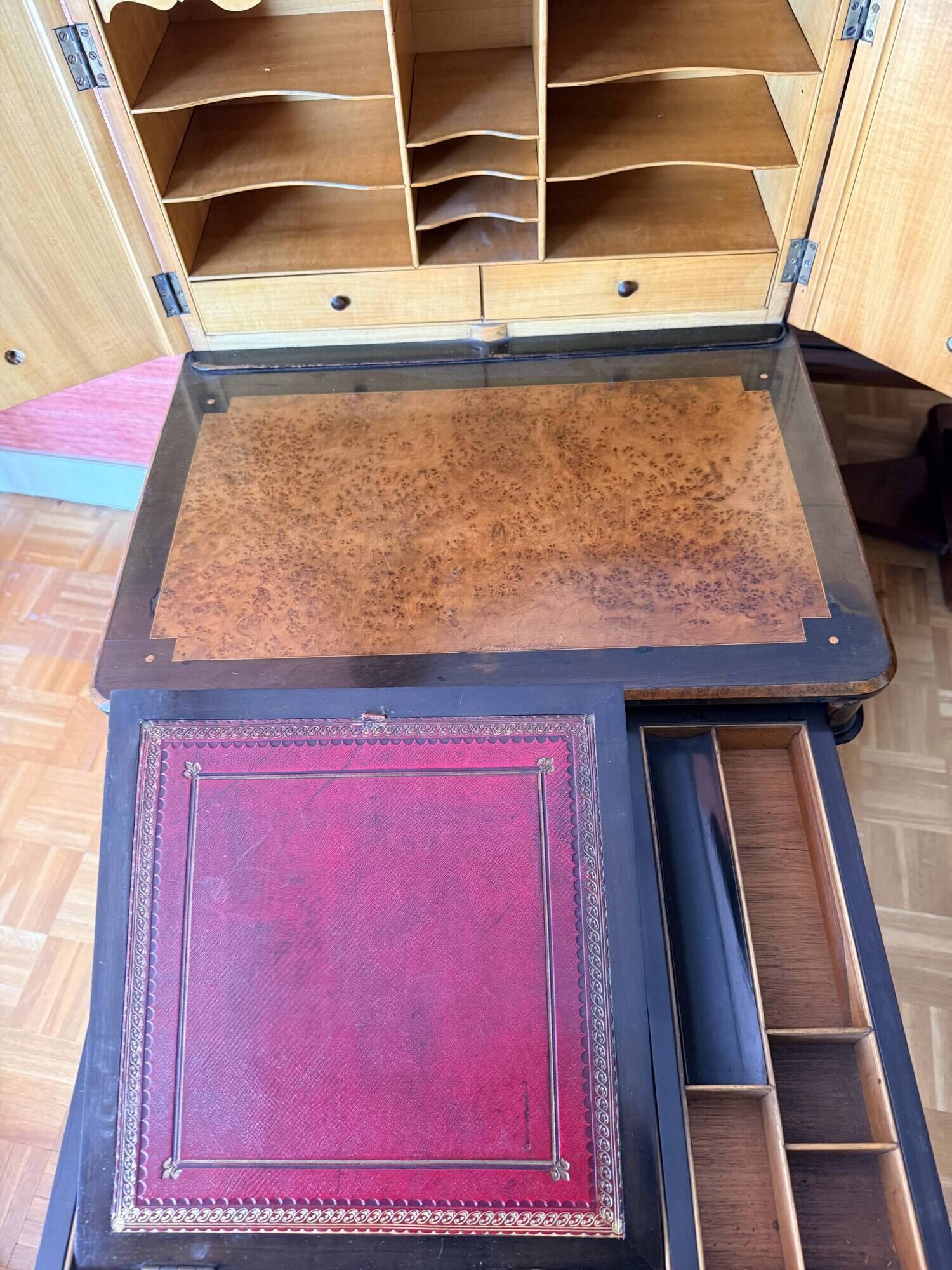 Victorian-era blackened wood and burr walnut Davenport.