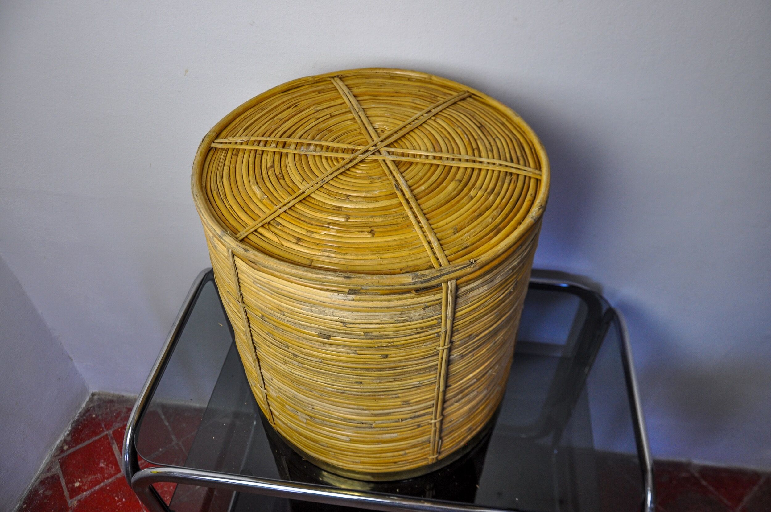 Basket xl in rattan and brass, italy, 1970, 41cm diam