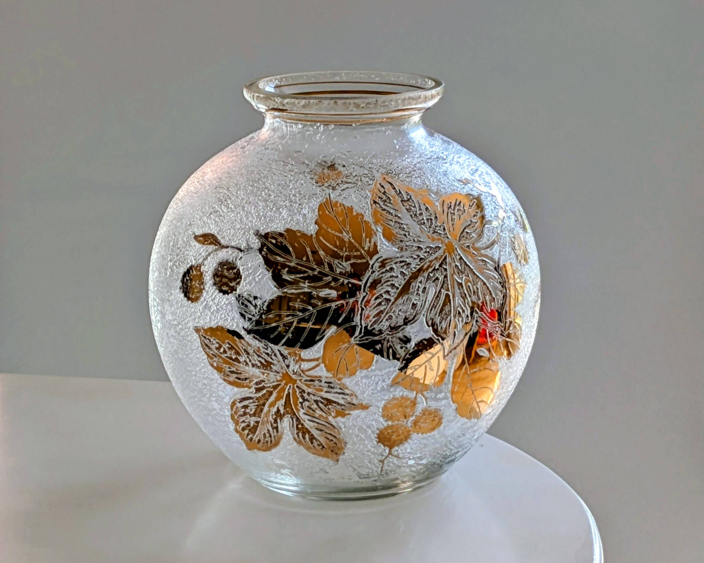 Frosted Glass Ball Vase with Golden Botanical Decoration — Signed Adat — Circa 1950