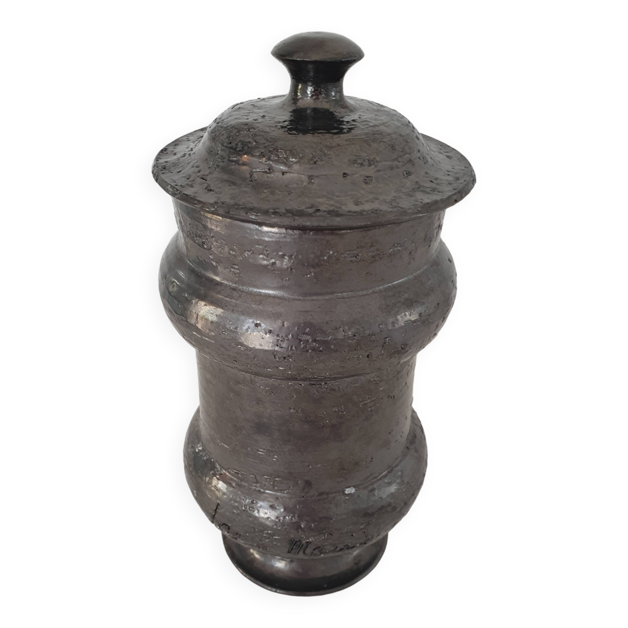 Covered pot on shower foot in black glazed chamotte terracotta Jean Marais