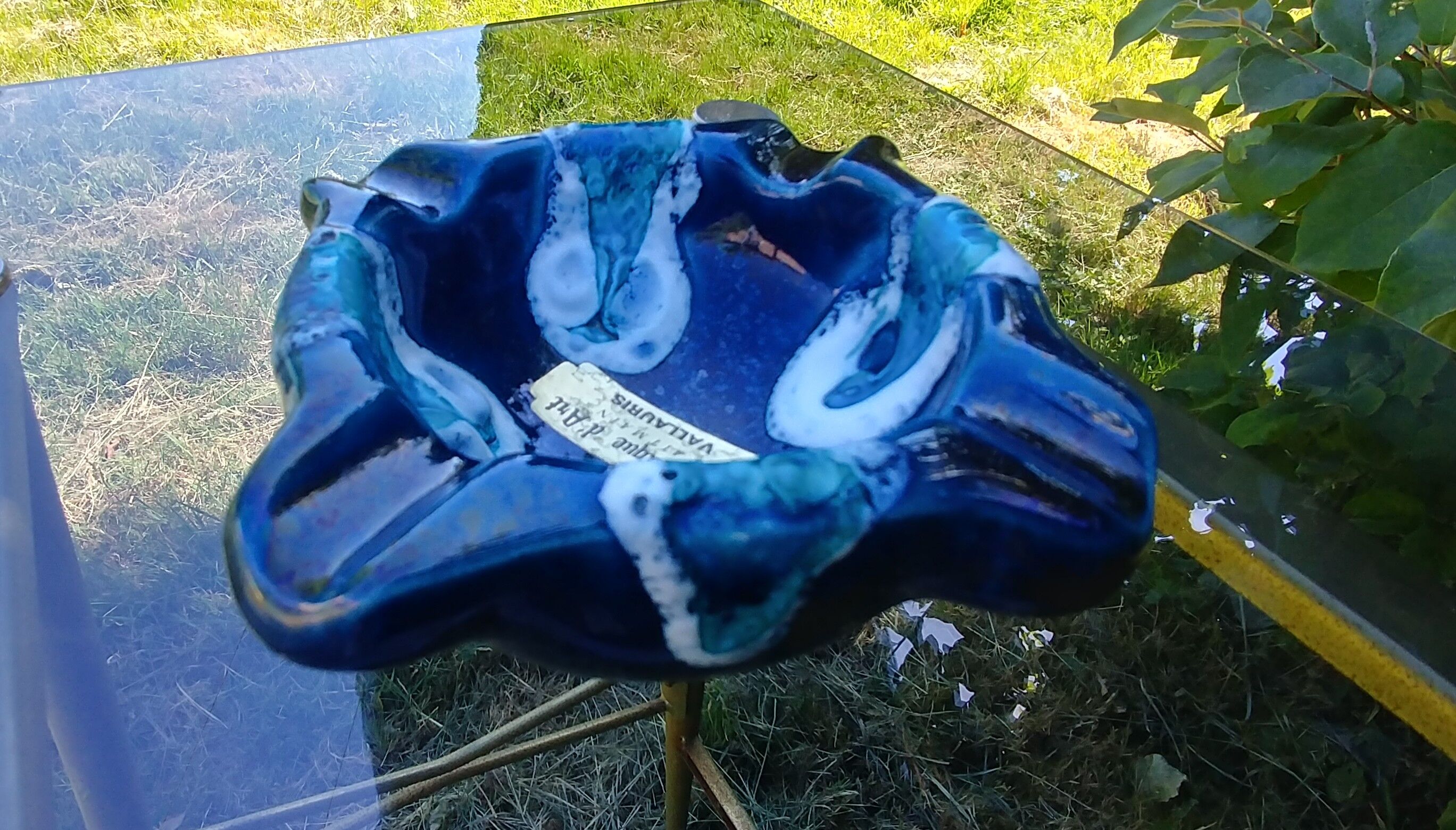 Glazed ceramic ashtray Vallauris blue with its Vintage pestle 70s