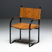 Cognac Leather Armchair, Black Lacquer Steel Frame, Belgium, 1960s