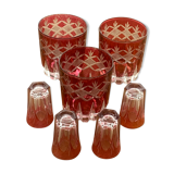 7 aperitif glasses in red and transparent glass chiseled vintage