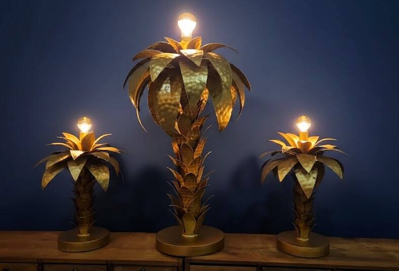 Hollywood Regency Palm Tree Lamp Trio – Hammered Gold Metal