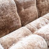 Living room set, 3-seater sofa and 2 armchairs in beige chenille, 1970s