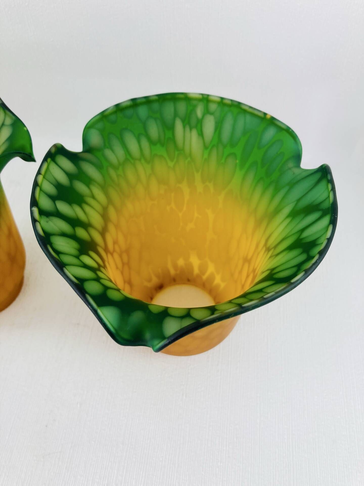 Pair of Antique Art Nouveau Tulips - Speckled Amber Green Glass