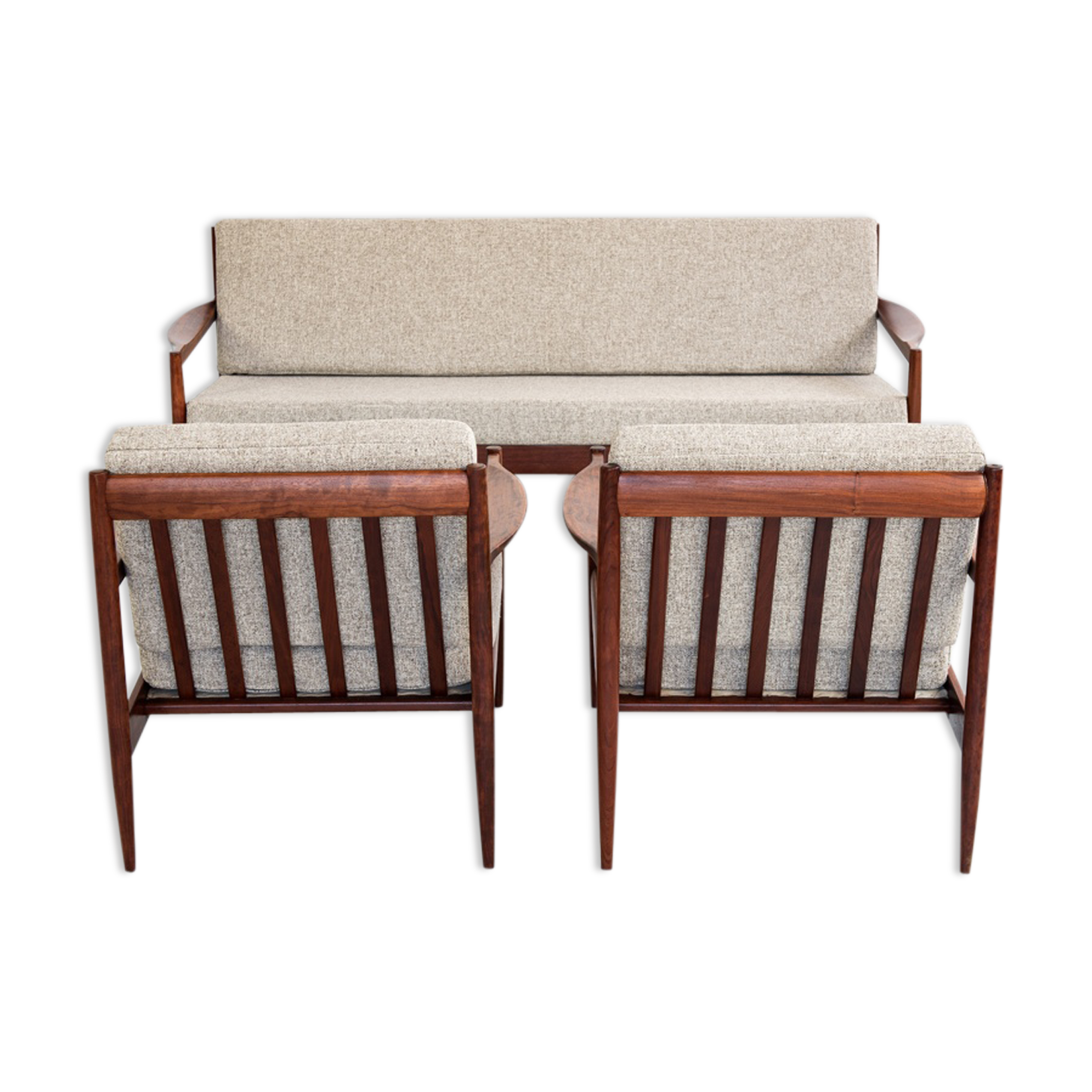 Sofa and armchairs set in walnut and fabric, 1960s