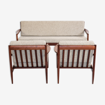 Sofa and armchairs set in walnut and fabric, 1960s