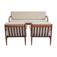 Sofa and armchairs set in walnut and fabric, 1960s