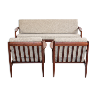 Sofa and armchairs set in walnut and fabric, 1960s