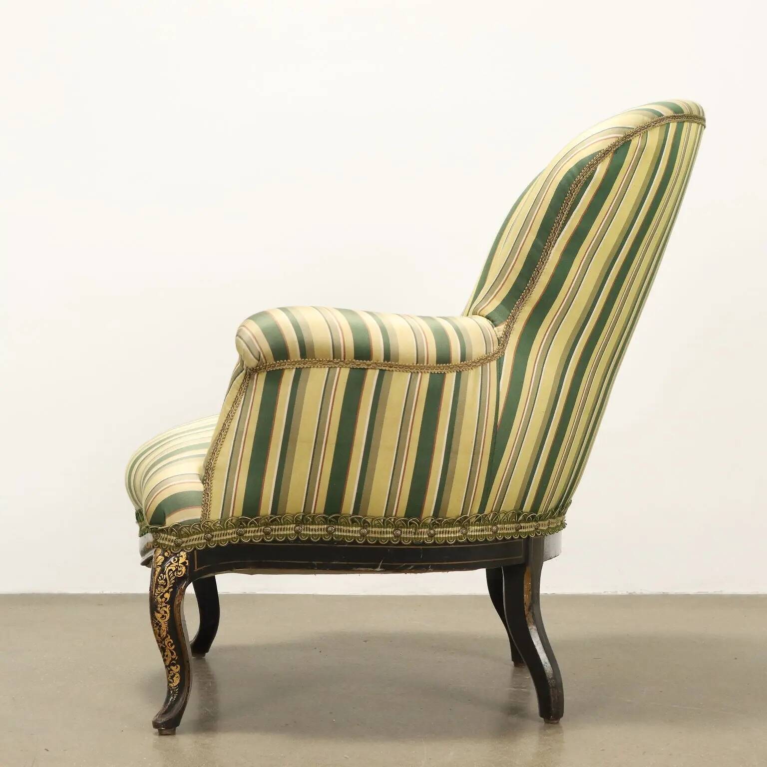 Antique upholstered and lacquered wooden armchair, Italy, late 19th century.