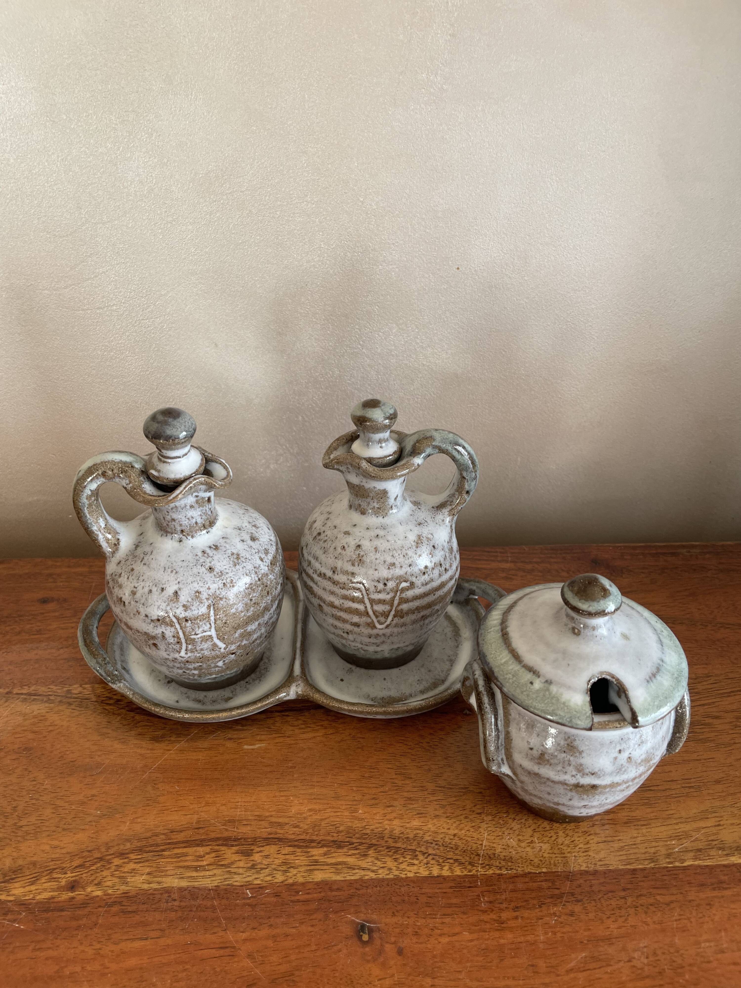 Salt, pepper, and mustard set in stoneware