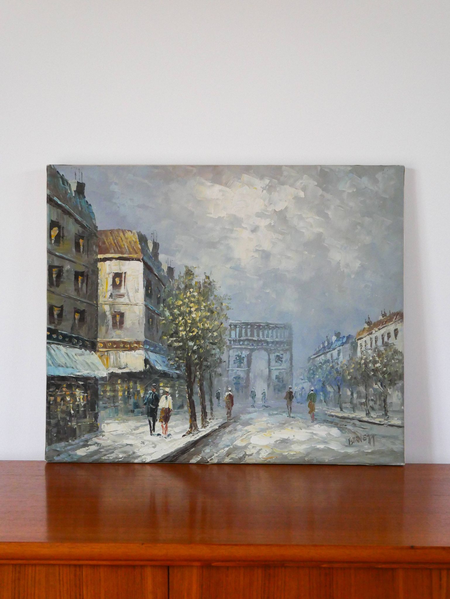 painting / oil on canvas streets of Paris under the snow vintage