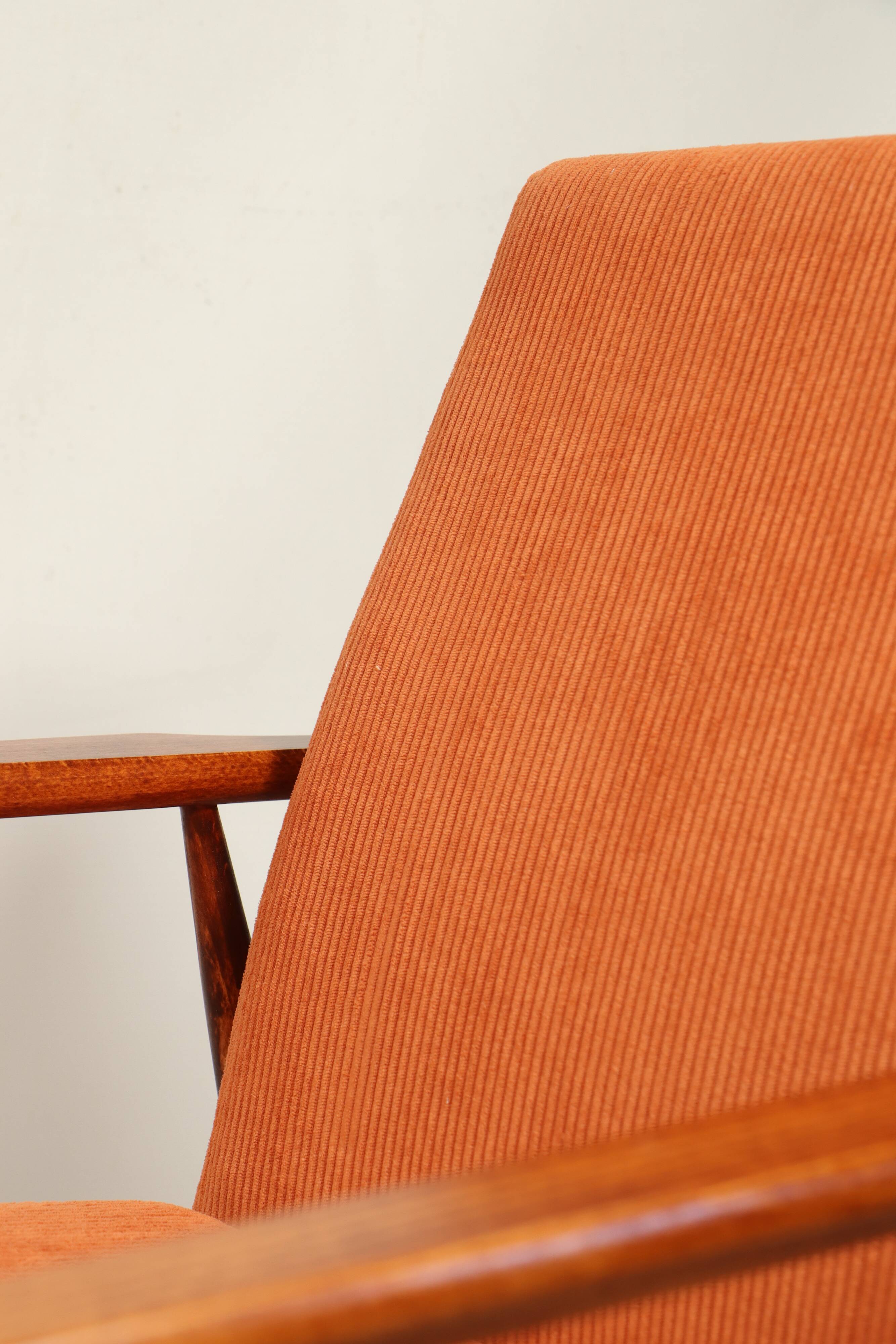 Vintage armchair orange burt corduroy upholstery , Henryk Lis, 1960, Poland