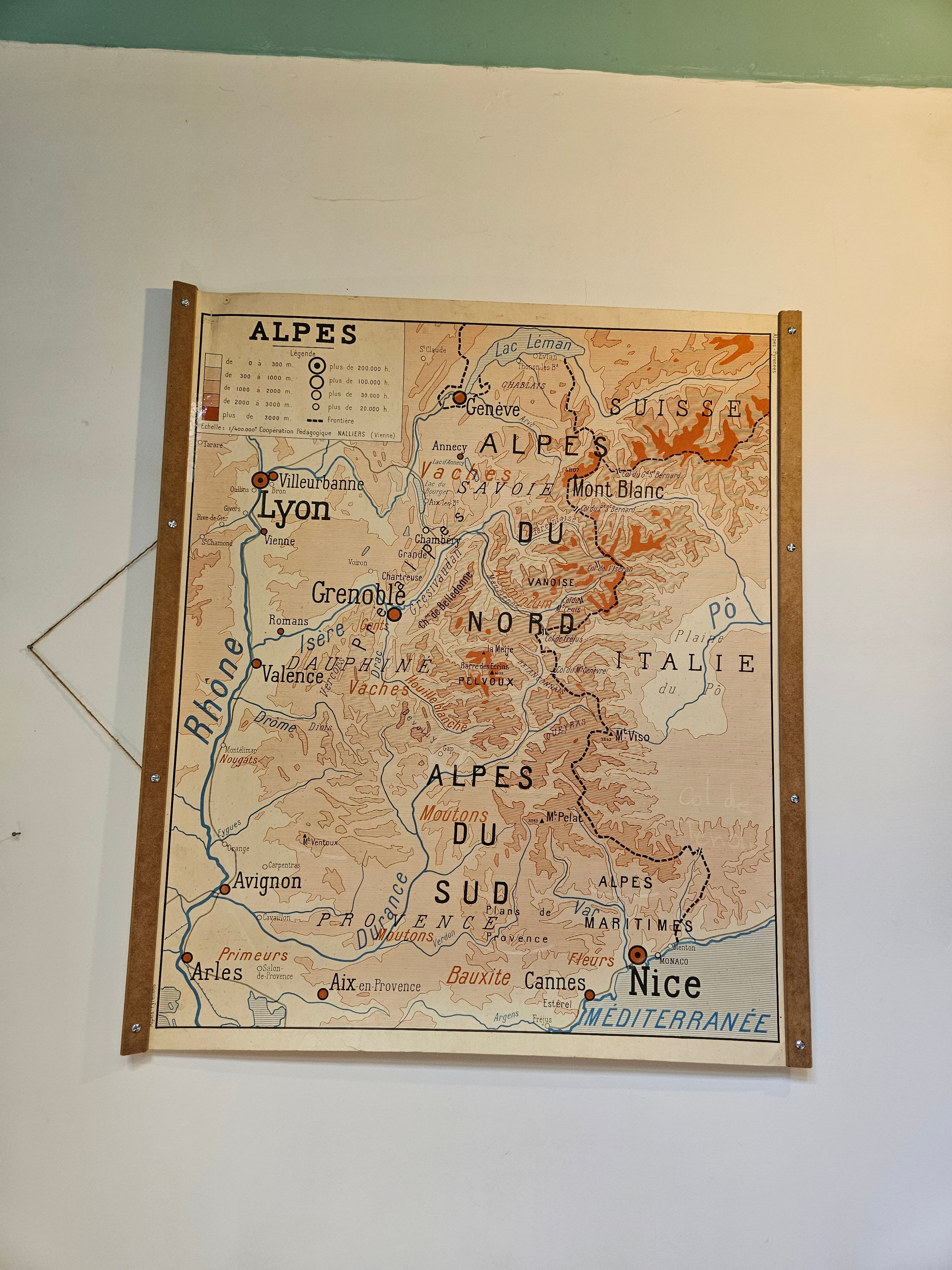Old school map of geography 1960 Pyrenees and the Alps