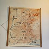 Old school map of geography 1960 Pyrenees and the Alps