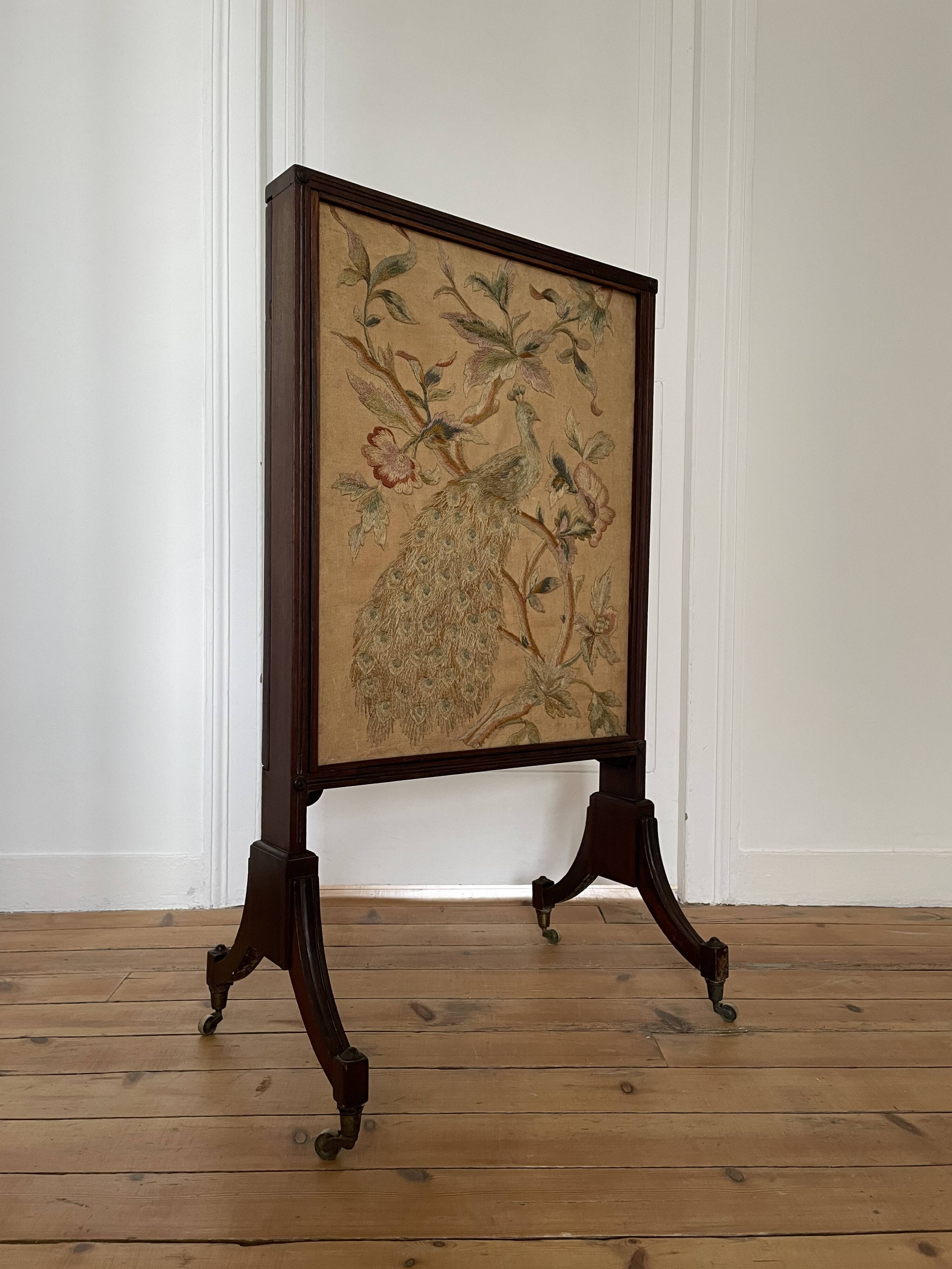 Antique fireplace screen in tapestry and mahogany
