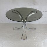 Living room table "Space Age" polished steel, circular slab smoked glass. France, circa 1970.