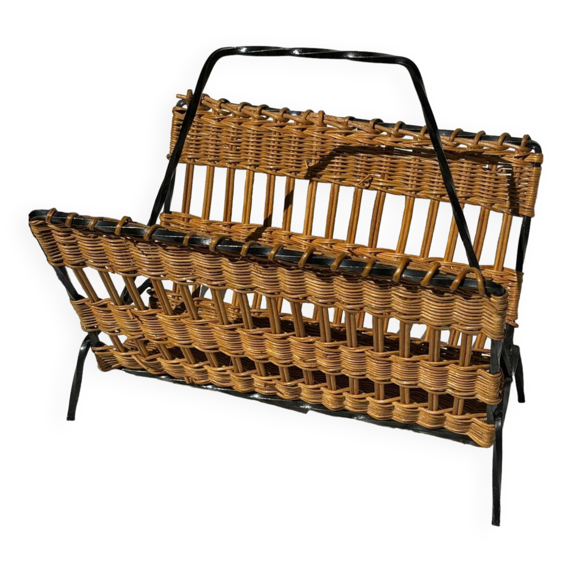 Vintage metal and wicker magazine rack