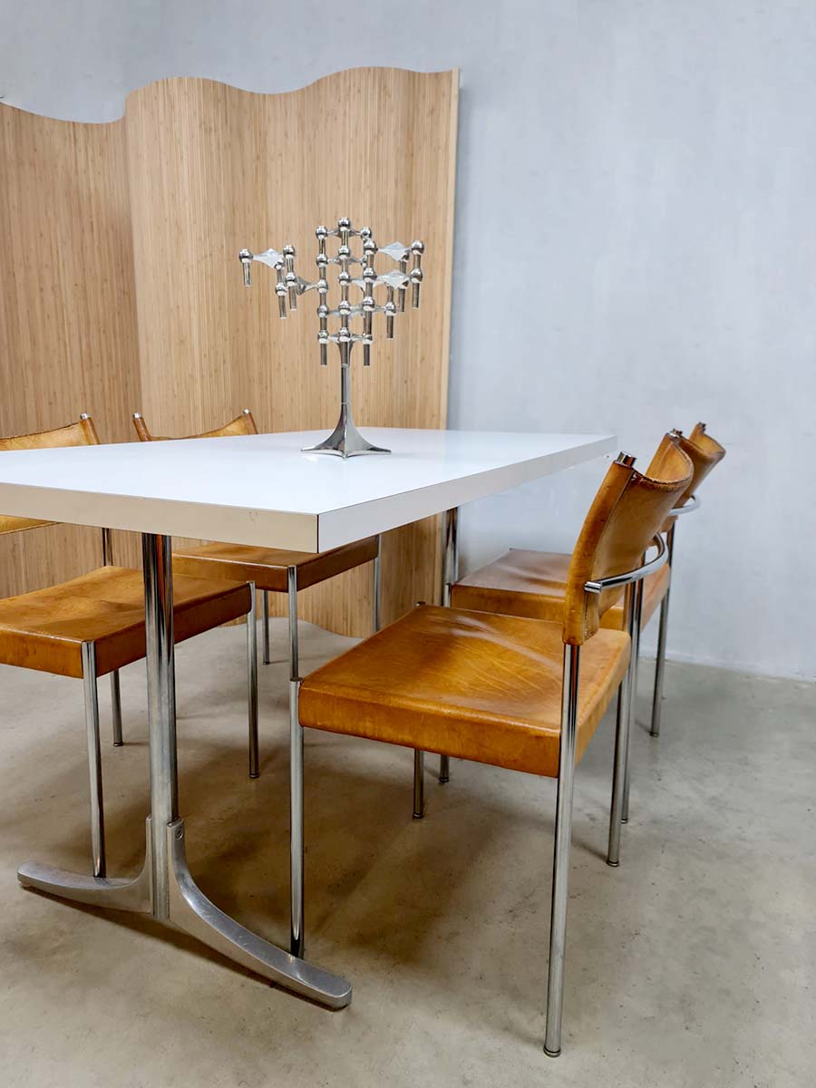 Vintage Dutch design chrome dining set leather chairs 'Minimalism'