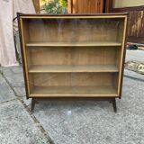 Mid-century brown wooden library (beech & pine) with glass doors from the 1960s.