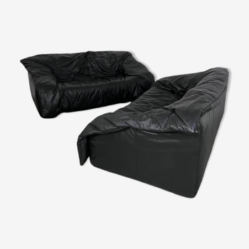 Ensemble canapé vintage ligne roset Flou Flou sofa design années 80 cuir noir