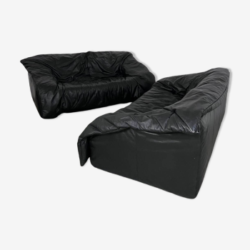 Vintage sofa set roset line Flou Flou designer sofa 80s black leather