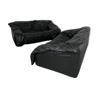 Vintage sofa set roset line Flou Flou designer sofa 80s black leather