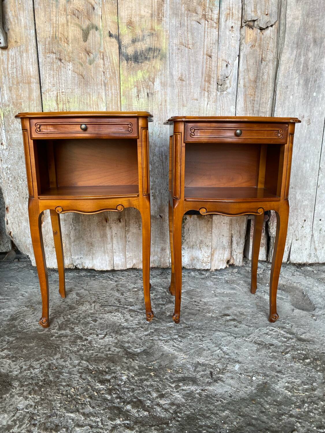 Pair of louis xv style bedside tables in cherry wood + drawer